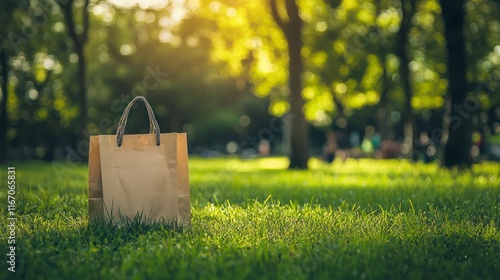 Brown paper bag sits on grassy park lawn in sunlight. photo