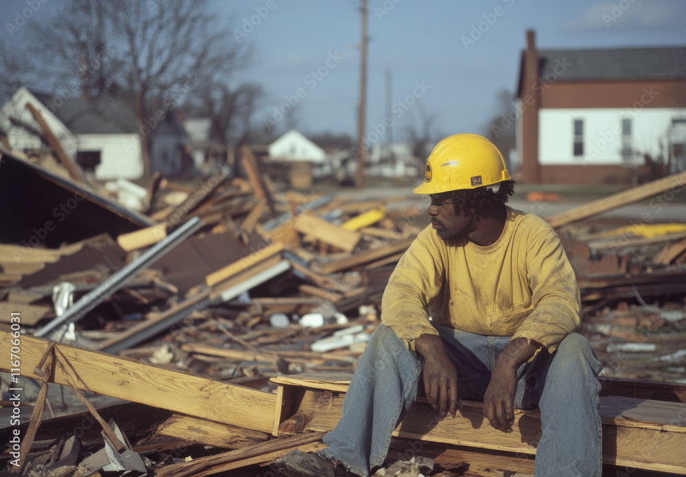 Amid the wreckage of a demolished building, a construction worker sits on debris, reflecting on the destruction caused by a recent storm in a rural community. Amid the wreckage of a demolished building, a construction worker sits on debris, reflecting on the destruction caused by a recent storm in a rural community.
