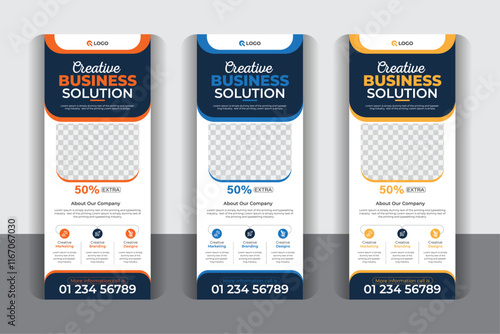 Geometric and creative Business roll up banner template set, pull up, display banner, x-banner vector, flag-banner design, with 3 color variation
