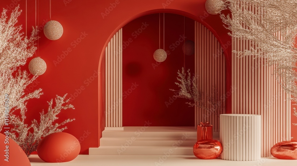 Fototapeta premium Festive Red Archway Product Display Mockup with Golden Accents