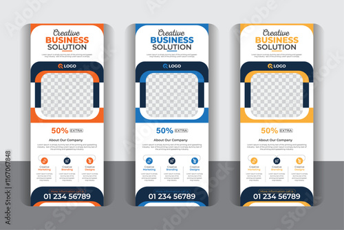 White background creative colorful Business roll up banner template set, pull up, display banner, x-banner vector, flag-banner design, with 3 color variation
