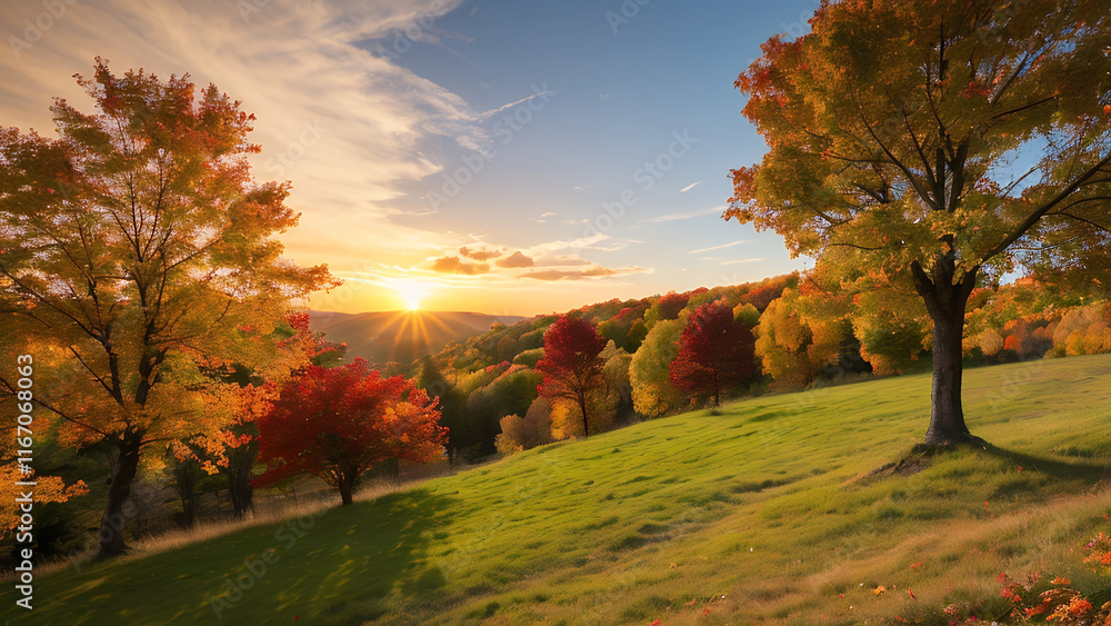 Fototapeta premium Autumn beauty at its finest. A breathtaking landscape of vibrant fall colors against a backdrop of a golden sunset.