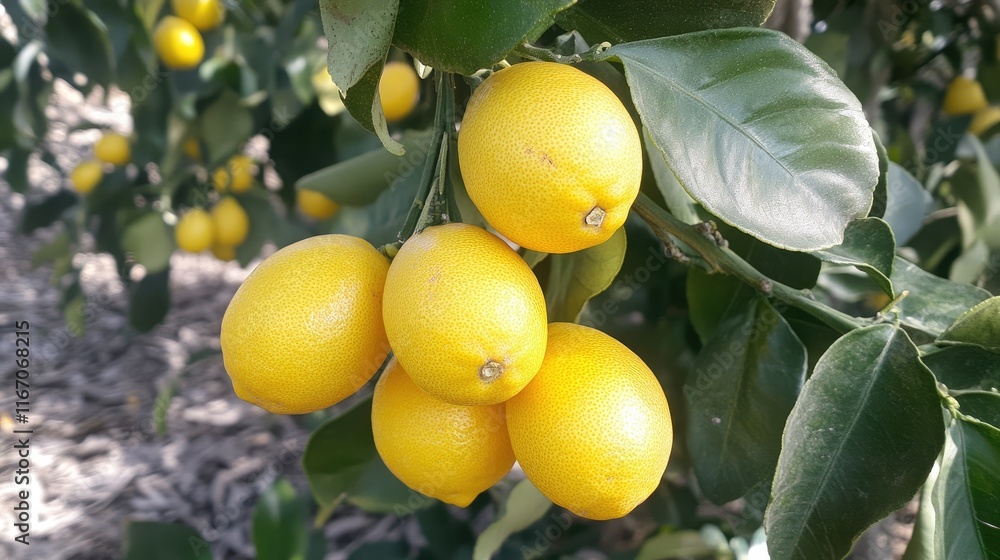 Lemons hanging on a tree in a lush citrus grove showcasing a rich harvest of vibrant yellow fruits ready for picking Lemons hanging on a tree in a lush citrus grove showcasing a rich harvest of vibrant yellow fruits ready for picking