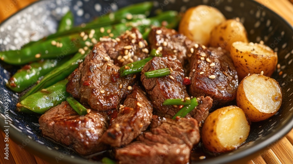 Lemongrass grilled beef steak served with fresh snow peas and roasted taro potatoes on a decorative plate Lemongrass grilled beef steak served with fresh snow peas and roasted taro potatoes on a decorative plate