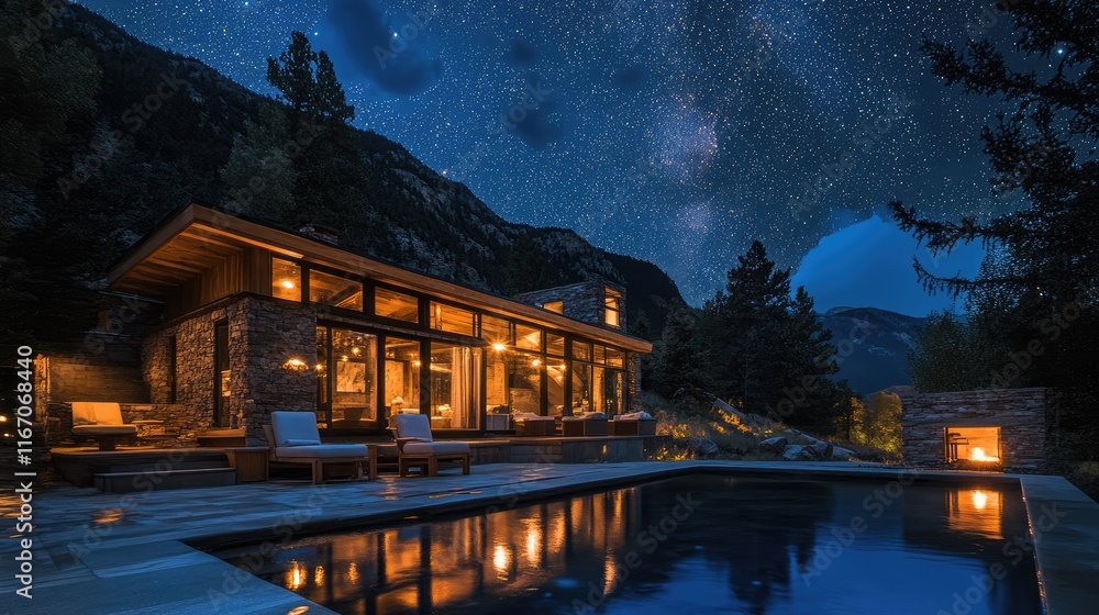 Fototapeta premium Serene luxury retreat with heated infinity pool under starry sky and mountain backdrop at night for relaxation and tranquility