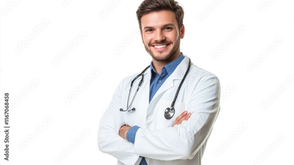 Portrait of handsome doctor in a white coat with a stethoscope, happy and smiling man in a medical coat, file of isolated cutout object with on white background. Portrait of handsome doctor in a white coat with a stethoscope, happy and smiling man in a medical coat, file of isolated cutout object with on white background.