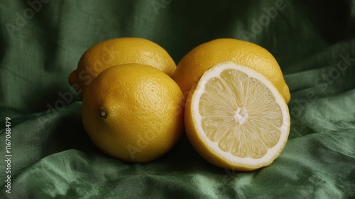 fresh lemons on a vibrant green silk background showcasing their bright color and texture ideal for food and wellness themes photo