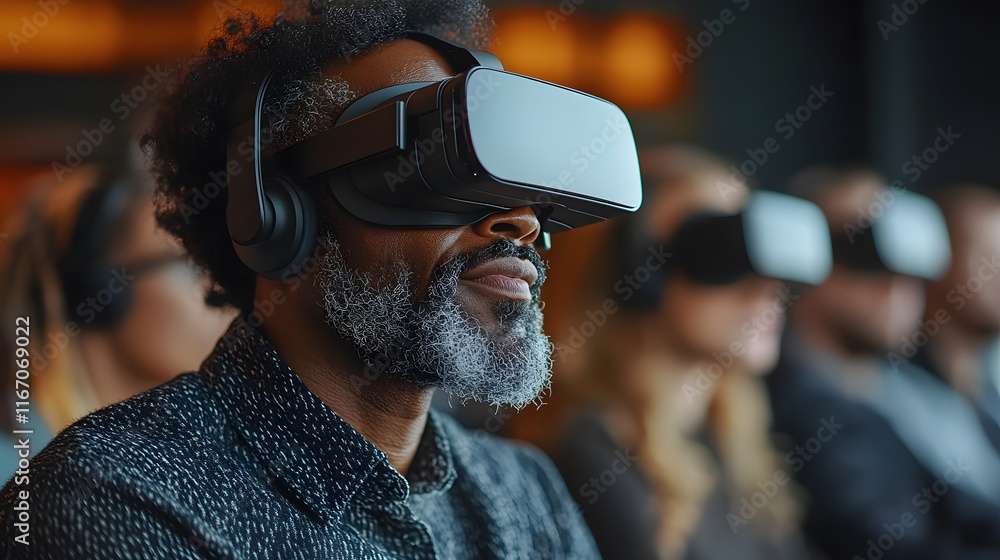 Professionals using VR headsets for advanced data visualization during a project meeting Professionals using VR headsets for advanced data visualization during a project meeting