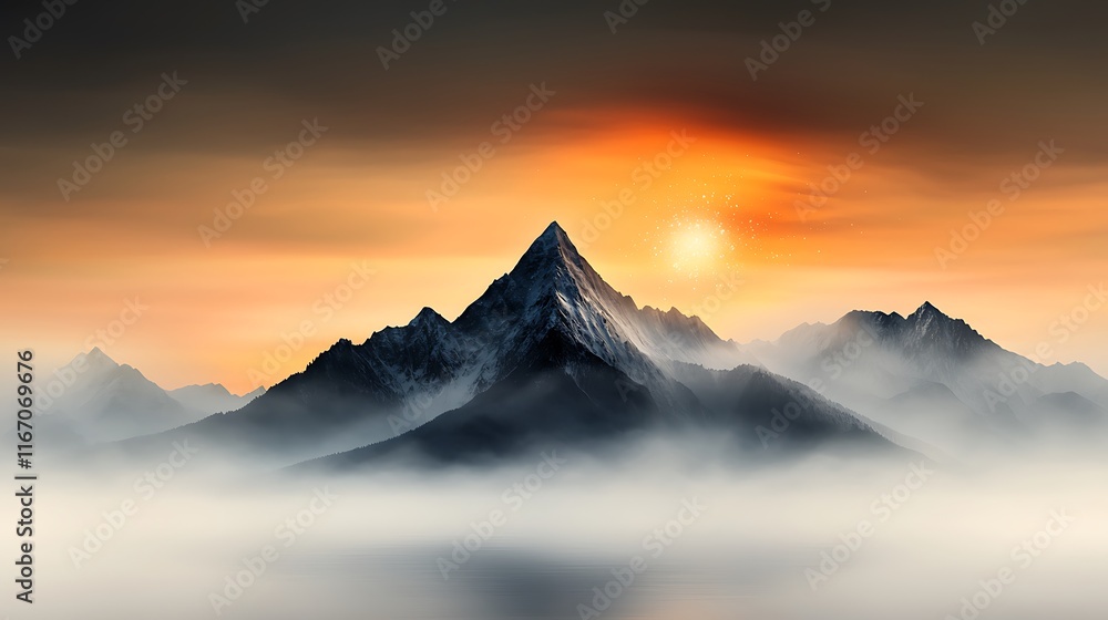 Obraz premium Serene winter mountain landscape at dawn, crystalline snowflakes dancing in golden light, minimalist composition with layered peaks disappearing into mist Ultra-Realistic, Photo Realistic, highly 