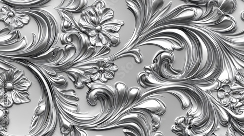 Silver Floral Rococo Design, Ornate Elegant Background Pattern