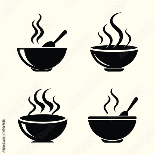 bowl silhouette designs with steam and spoon graphics. Ideal for food branding, culinary icons, and kitchen artwork