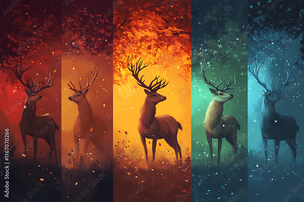 A stylized illustration of deer in four seasonal color themes. A stylized illustration of deer in four seasonal color themes.