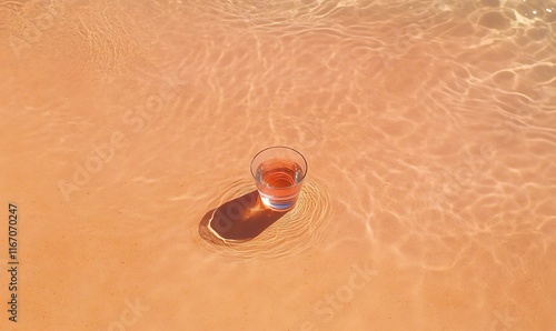 Close-up of a transparent glass cup filled with clear ocean water set on the sand, reflecting sunlight