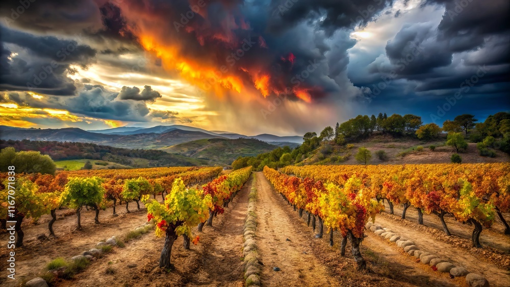 Naklejka premium Dramatic Stormy Weather over Priorat Grapevines, Tarragona, Catalonia, Spain