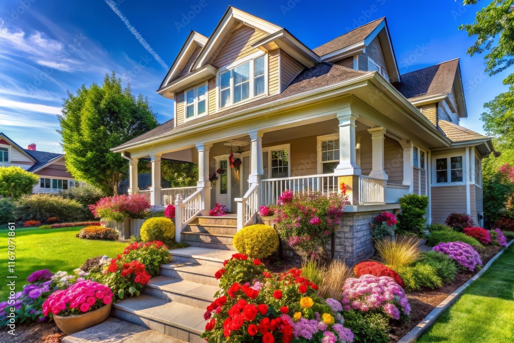 Fototapeta premium Dream Home Exterior: Charming Curb Appeal with Lush Landscaping and Vibrant Flowers