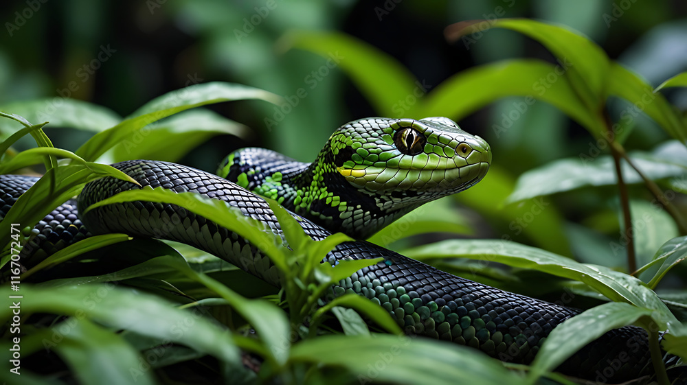 Fototapeta premium Green snake hiding in the tree