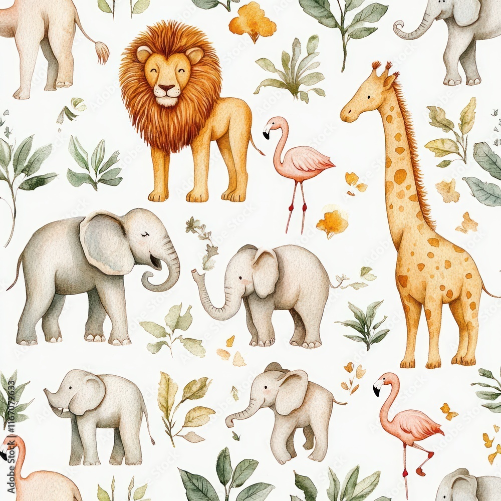 Naklejka premium Watercolor African Animals Pattern Featuring Lion Giraffe Elephant Flamingos Safari Nature Background