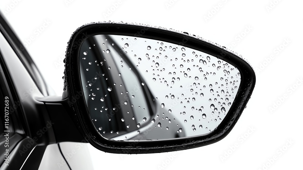 Car side mirror with water droplets, white isolate background Car side mirror with water droplets, white isolate background