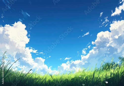 Beautiful blue sky with white clouds over a green grass field background. professional, high-resolution image that is beautiful, clean, simple, stunning, relaxing, calming, and peaceful. 