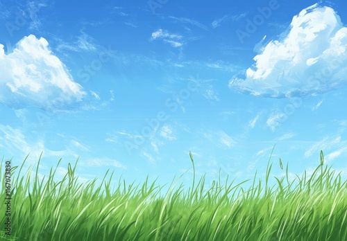 Beautiful blue sky with white clouds over a green grass field background. professional, high-resolution image that is beautiful, clean, simple, stunning, relaxing, calming, and peaceful. 