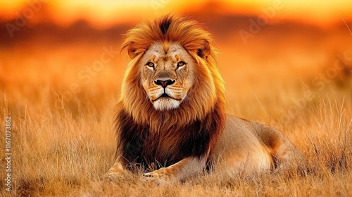 Majestic lion at sunset in African savanna; wildlife photography for nature documentaries. photo