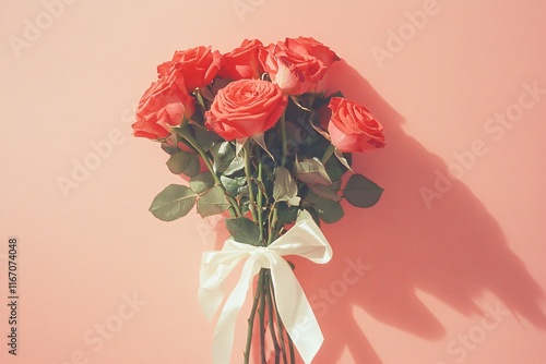 Elegant bouquet of pink roses with ribbon on soft pastel background