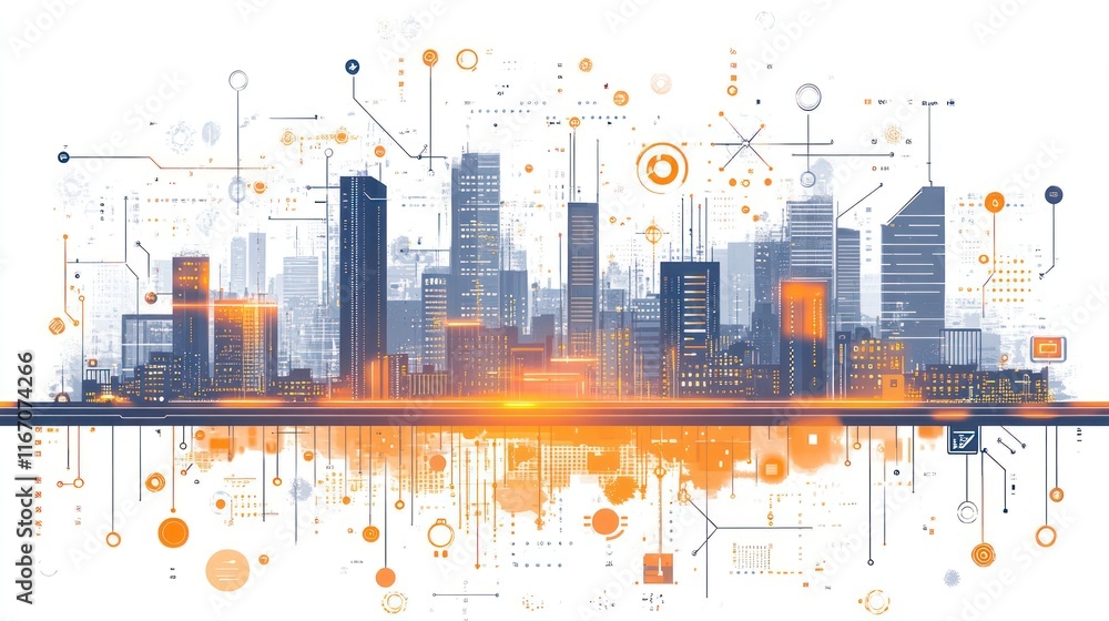 Obraz premium Smart city skyline with digital network.