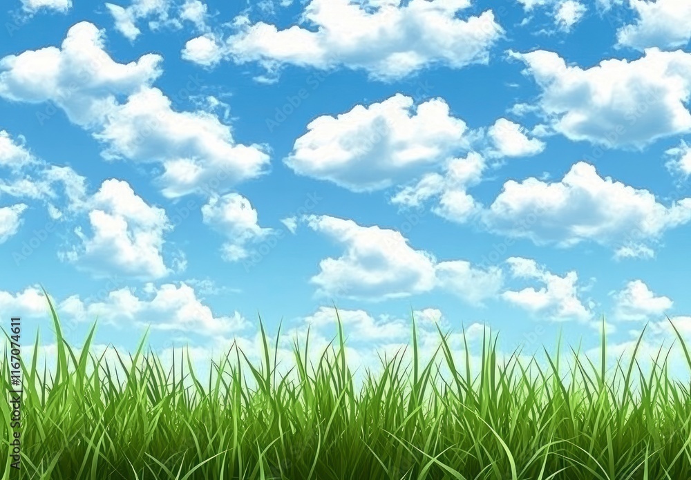 Beautiful blue sky with white clouds over a green grass field background. professional, high-resolution image that is beautiful, clean, simple, stunning, relaxing, calming, and peaceful. Beautiful blue sky with white clouds over a green grass field background. professional, high-resolution image that is beautiful, clean, simple, stunning, relaxing, calming, and peaceful.