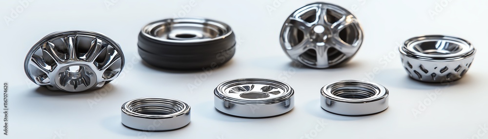 Collection of different automotive wheels and rims on white isolated background. Collection of different automotive wheels and rims on white isolated background.