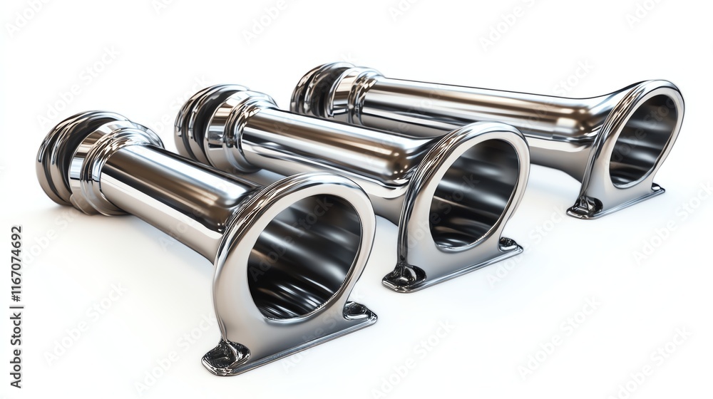 Three shining metal exhaust pipes on white isolated background. Three shining metal exhaust pipes on white isolated background.