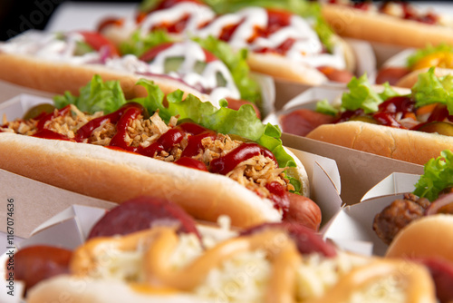 Assorted different hot dogs on a light background. photo