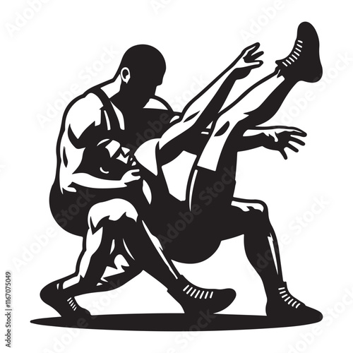 Wrestling Silhouette Vector Illustration, Solid White Background.