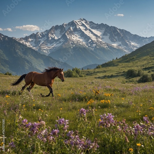 A horse galloping across a meadow wiA butterfly landing on a flower in a sunlit garden, with a mountain range in the distance.th wildflowers blooming around it.