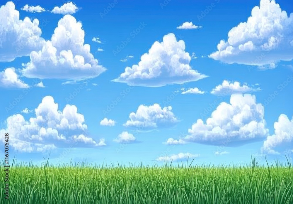 Beautiful blue sky with white clouds over a green grass field, a summer landscape background. The image is high resolution and has ample copy space for text. Beautiful blue sky with white clouds over a green grass field, a summer landscape background. The image is high resolution and has ample copy space for text.