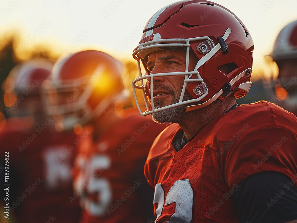 Football player prepares during evening practice session Football player prepares during evening practice session