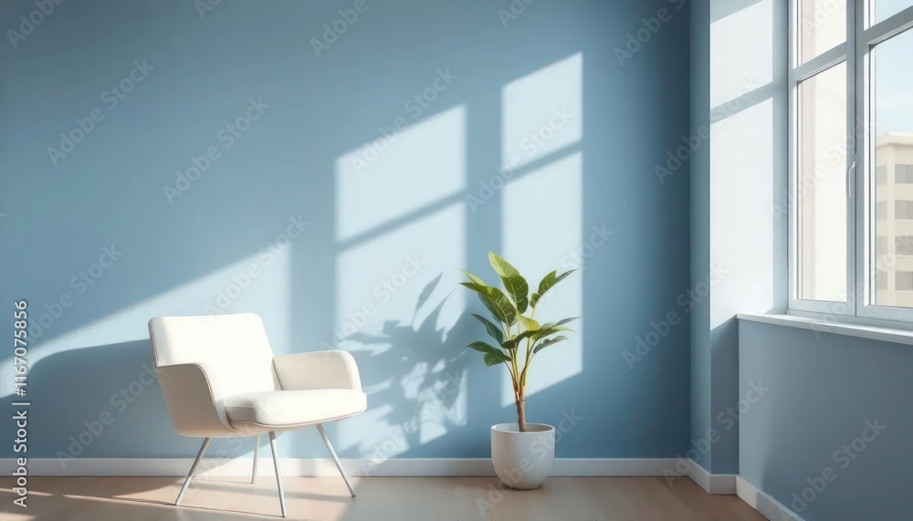 Minimalistic Blue Room with a Chair and a Plant Wallpaper Background Minimalistic Blue Room with a Chair and a Plant Wallpaper Background