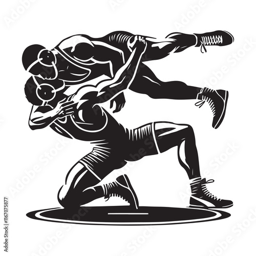Wrestling Silhouette Vector Illustration, Solid White Background.