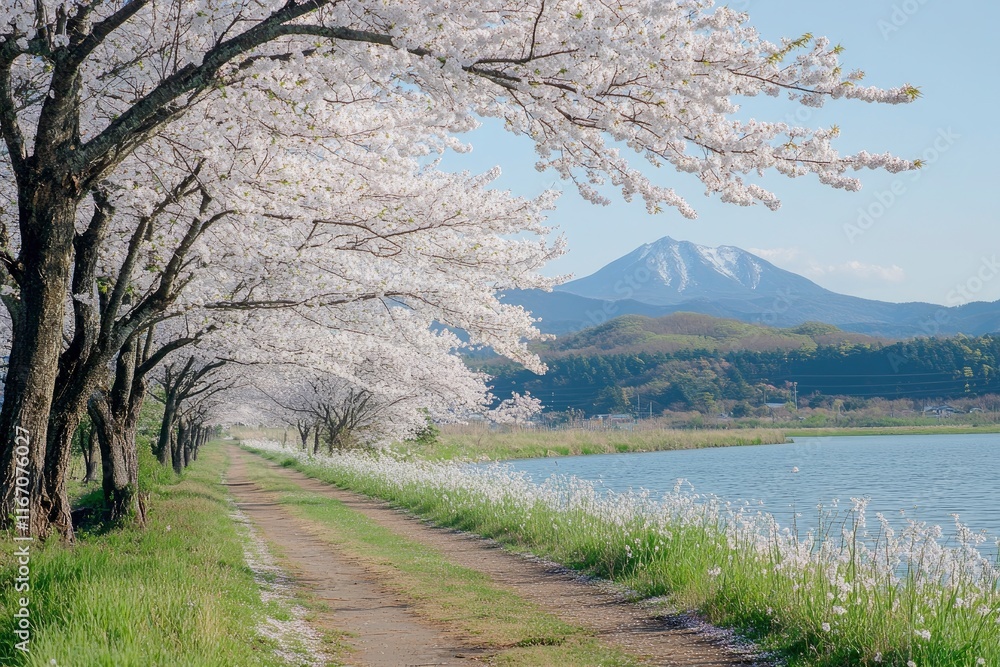 Beautiful cherry blossoms in full bloom with Mount Fuji in the background, creating an idyllic scene of natural beauty at Lake Yamanaka on a spring day. Beautiful cherry blossoms in full bloom with Mount Fuji in the background, creating an idyllic scene of natural beauty at Lake Yamanaka on a spring day.