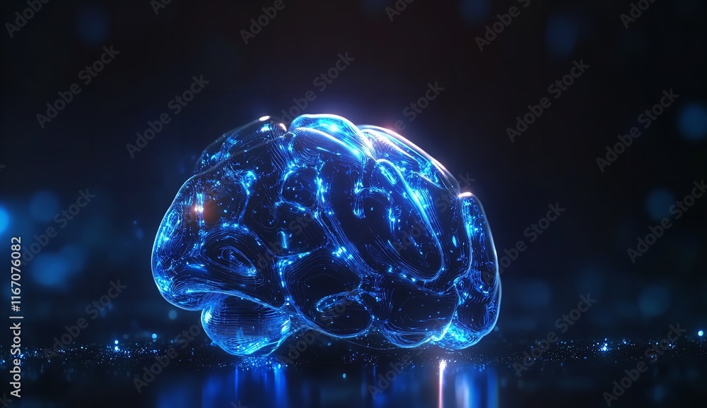 3D Blue Glowing Brain with a Dark Background, Vector Illustration
3D Blue Glowing Brain with a Dark Background, Vector Illustration
