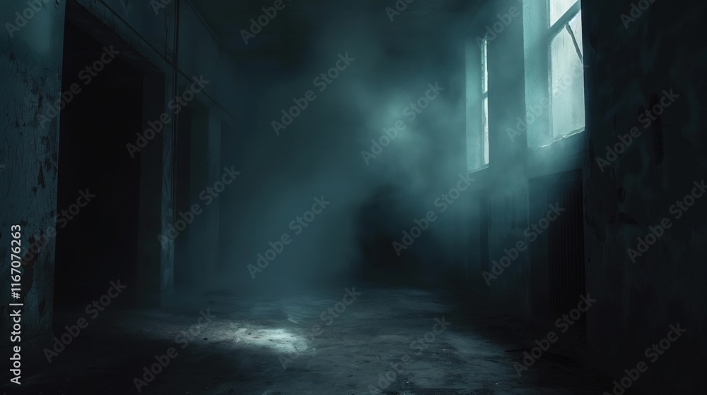 A dimly lit abandoned room with fog and light streaming through dusty windows. A dimly lit abandoned room with fog and light streaming through dusty windows.