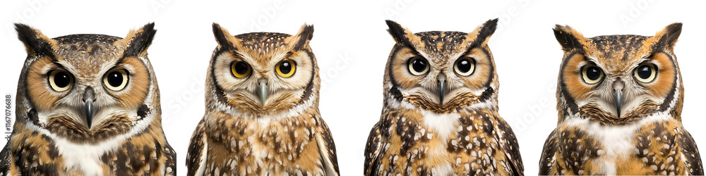 Four Majestic Owls Perched and Staring with Curious Gazes in Natural Habitat Four Majestic Owls Perched and Staring with Curious Gazes in Natural Habitat