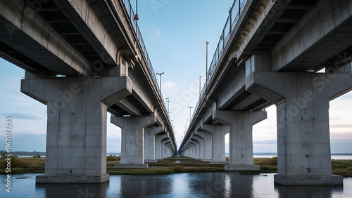 A long concrete bridge stretches across a calm river under a clear sky. The image shows the bridges pillars, architecture, and infrastructure details. The perspective is from below the bridge.