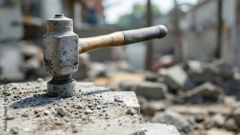 A closeup shows a worn hammer resting on a pile of broken concrete rubble at a demolition site. The background is blurred, showing more debris. A closeup shows a worn hammer resting on a pile of broken concrete rubble at a demolition site. The background is blurred, showing more debris.