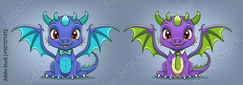 Vector collection of cartoon colored cute funny comical little baby dragons in bow tie and tie. Fairytale smiling kind sitting mythical winged and horned toon animals.