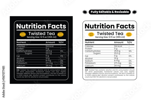 Twisted tea nutrition facts. Nutrition facts label and nutritional value of Twisted tea. Editable and resizable templates of nutrition facts, supplement facts and vitamin facts.