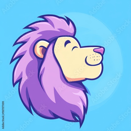 Playful Cartoon Lion with a Purple Mane Against a Bright Blue Background, Ideal for Children's Themes, Mascots, and Fun Illustrations photo