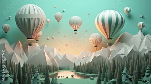 Paper cut of a travel scene with hot air balloon,generative ai illustration