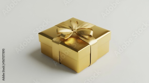 Realistic gold gift box with ribbon. 3D rendering. Icon on white background