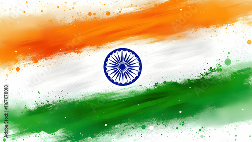 An abstract painting of the Indian flag. Saffron, white, and green horizontal stripes with the Ashoka Chakra in the center. Paint splatters surround it.