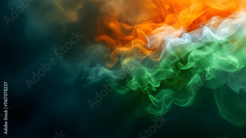 Abstract image depicting saffron, white, and green smoke, reminiscent of the Indian flags colors, swirling dynamically against a dark background. The colors blend and mix beautifully.
